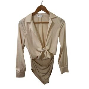 About Us Women’s Satin Tie Front Collared Long Sleeve Bodysuit Blouse XS Beige